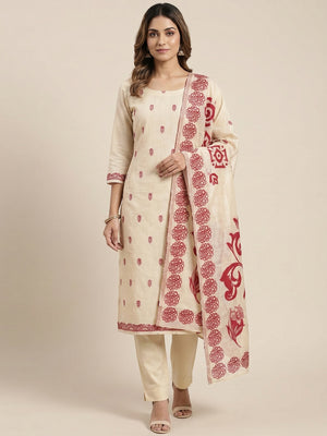 Peachmode Cream & Red Linen Cotton Dress Material with Ethnic Motifs - Image 2