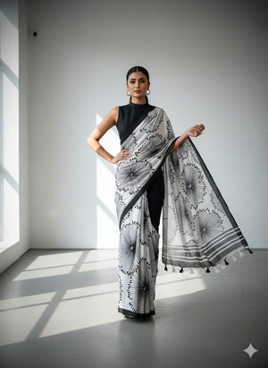 Peachmode White & Black Digital Print Saree - Image 1