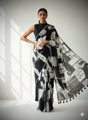 Peachmode Black and White Abstract Print Saree - Image 1