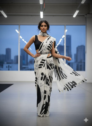 Peachmode White & Black Graphic Print Saree - Image 1