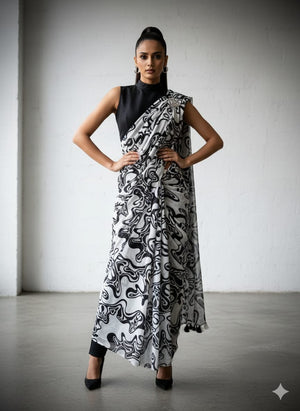 Peachmode White & Black Marble Print Saree - Image 1