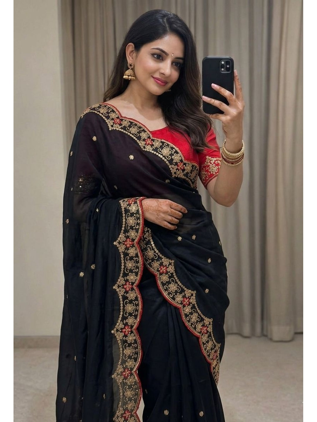 Peachmode Black Rangoli Silk Saree with Thread and Zari Embroidery - Image 1