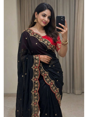 Peachmode Black Rangoli Silk Saree with Thread and Zari Embroidery - Image 1