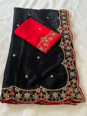 Peachmode Black Rangoli Silk Saree with Thread and Zari Embroidery - Image 2
