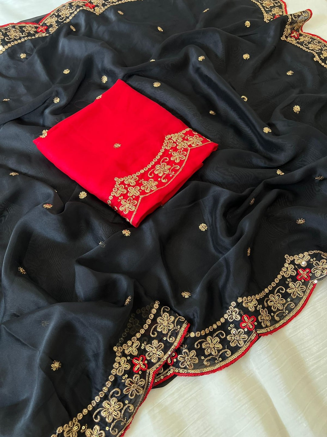 Peachmode Black Rangoli Silk Saree with Thread and Zari Embroidery - Image 3