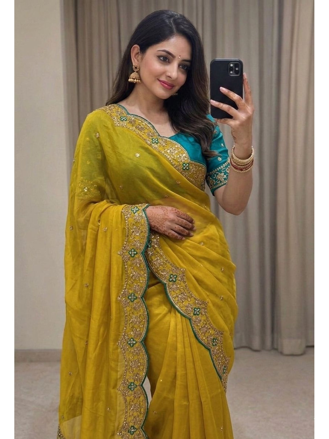 Peachmode Yellow Rangoli Silk Saree with Thread and Zari Embroidery - Image 1