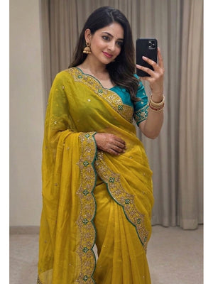 Peachmode Yellow Rangoli Silk Saree with Thread and Zari Embroidery - Image 1