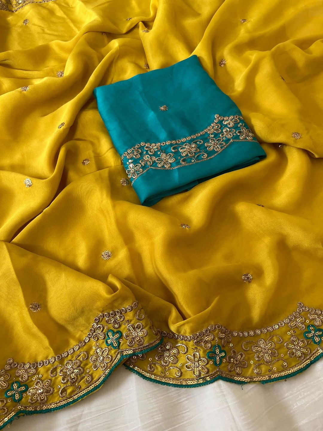 Peachmode Yellow Rangoli Silk Saree with Thread and Zari Embroidery - Image 3