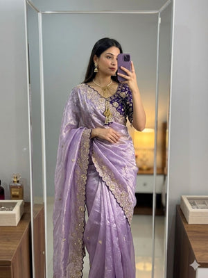 Peachmode Lavender Fandy Satin Saree with Sequins and Zari Embroidery - Image 1