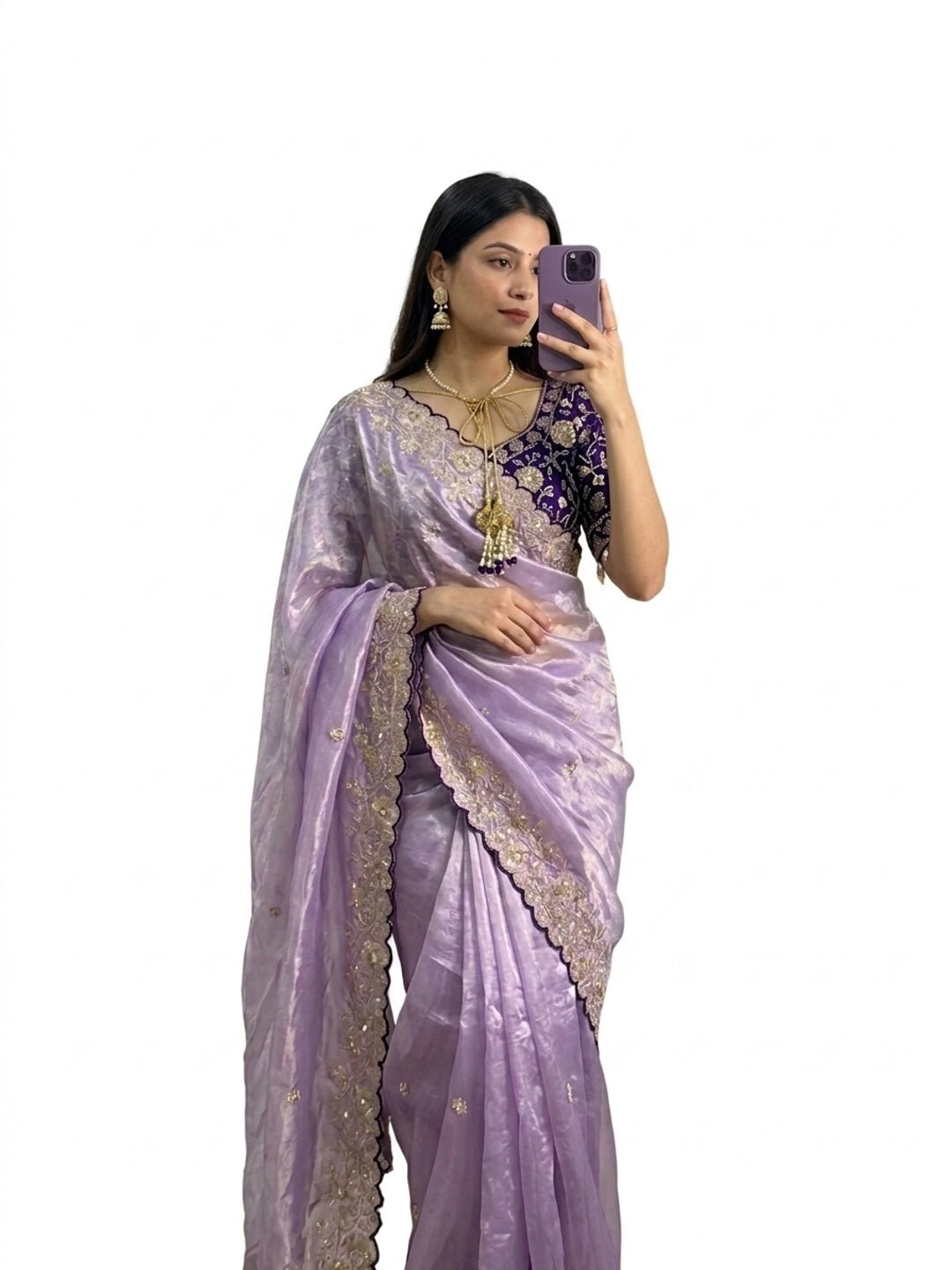 Peachmode Lavender Fandy Satin Saree with Sequins and Zari Embroidery - Image 1
