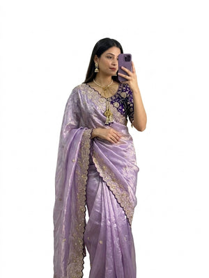 Peachmode Lavender Fandy Satin Saree with Sequins and Zari Embroidery - Image 1