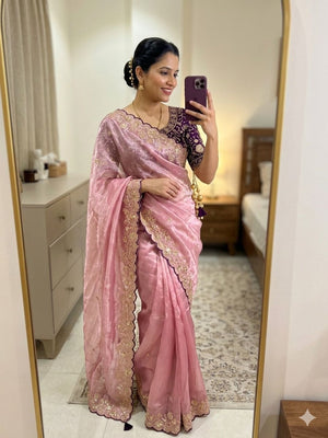 Peachmode Pink Fandy Satin Saree with Sequins and Zari Embroidery - Image 1