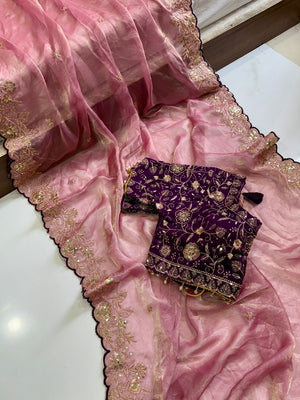 Peachmode Pink Fandy Satin Saree with Sequins and Zari Embroidery - Image 2