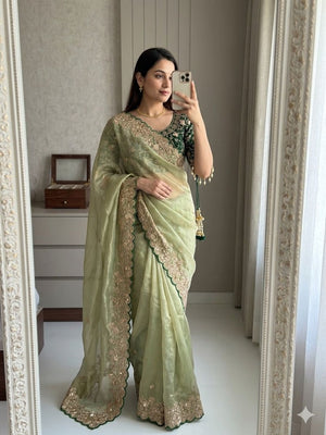 Peachmode Green Fandy Satin Saree with Sequins and Zari Embroidery - Image 1