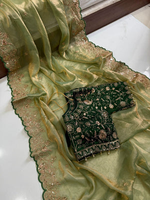 Peachmode Green Fandy Satin Saree with Sequins and Zari Embroidery - Image 2