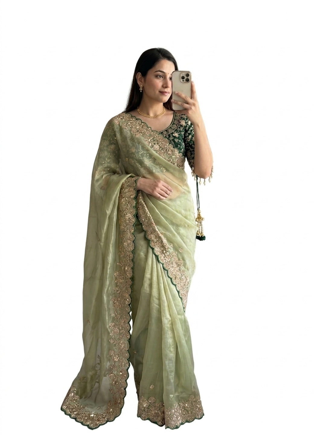 Peachmode Green Fandy Satin Saree with Sequins and Zari Embroidery - Image 1