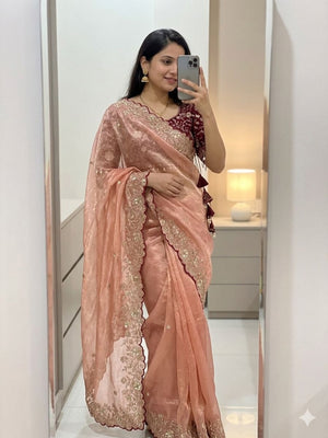 Peachmode Peach Fandy Satin Saree with Sequins and Zari Embroidery - Image 1