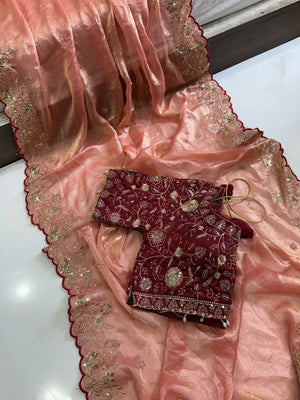 Peachmode Peach Fandy Satin Saree with Sequins and Zari Embroidery - Image 2