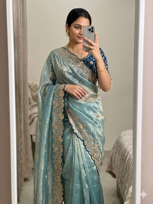 Peachmode Sea Green Fandy Satin Saree with Sequins and Zari Embroidery - Image 1