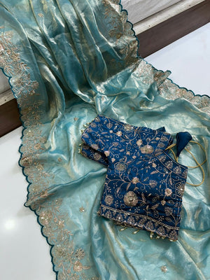 Peachmode Sea Green Fandy Satin Saree with Sequins and Zari Embroidery - Image 2