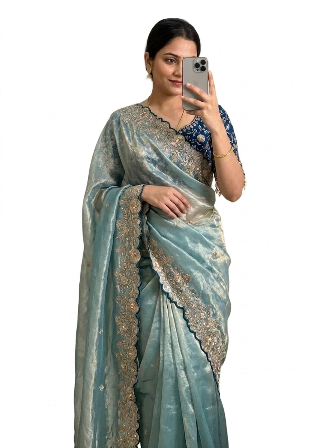 Peachmode Sea Green Fandy Satin Saree with Sequins and Zari Embroidery - Image 1