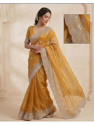Peachmode Mustard Gold Crush Saree with Sequins, Zari and Thread Embroidery - Image 2