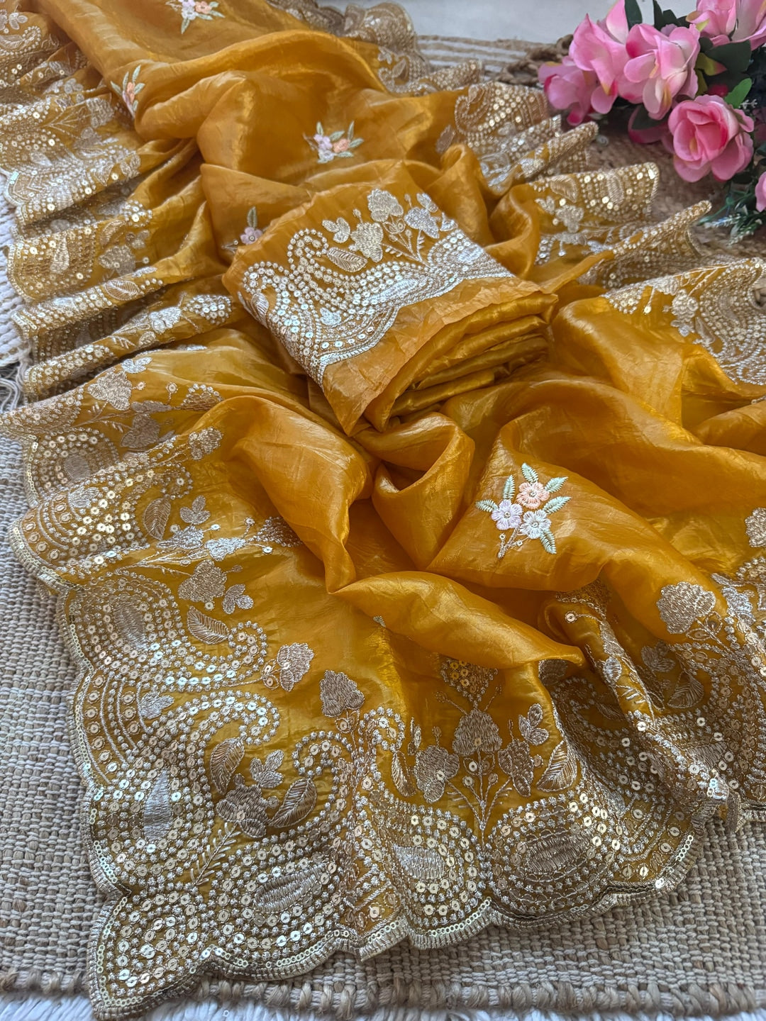Peachmode Mustard Gold Crush Saree with Sequins, Zari and Thread Embroidery - Image 6
