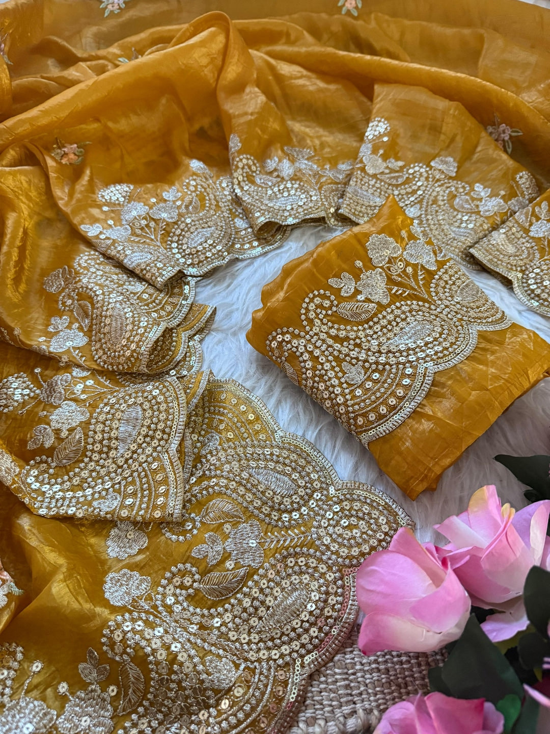 Peachmode Mustard Gold Crush Saree with Sequins, Zari and Thread Embroidery - Image 7
