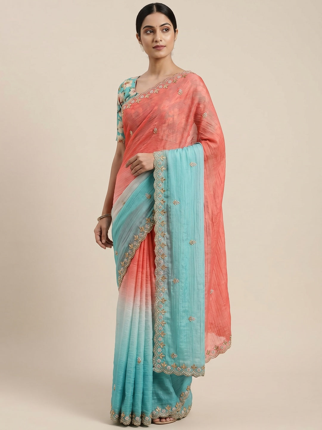 Peachmode Sky Blue Crunchy Crush Embroidered Saree - Image 1