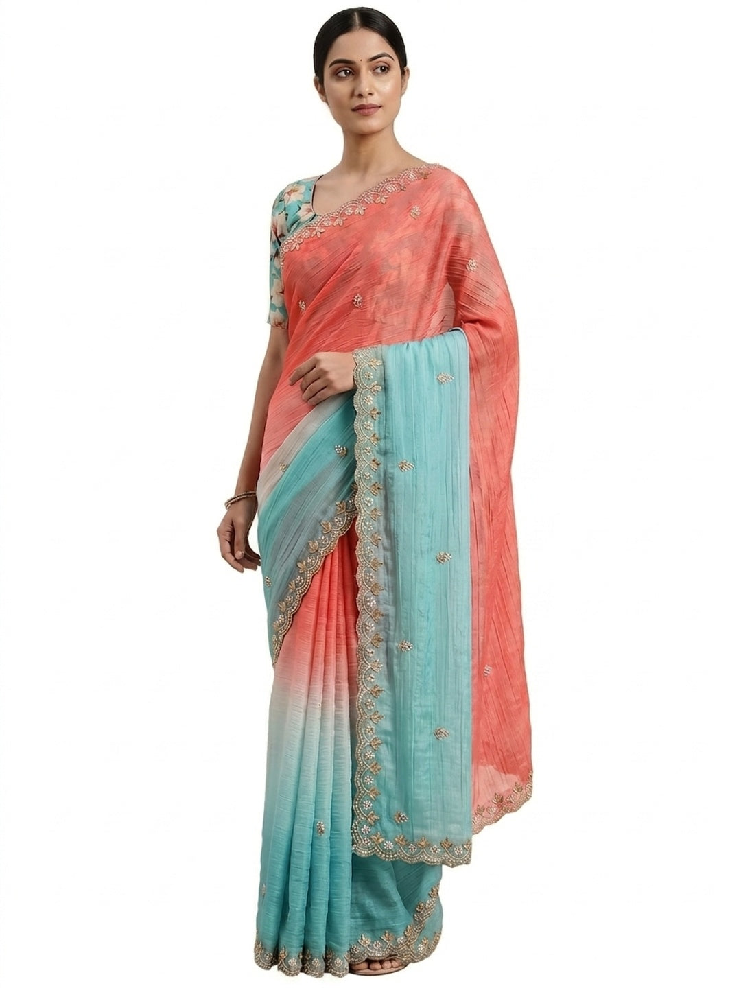 Peachmode Sky Blue Crunchy Crush Embroidered Saree - Image 4