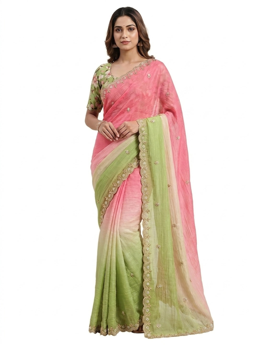 Peachmode Pista Crunchy Crush Embroidered Saree - Image 4