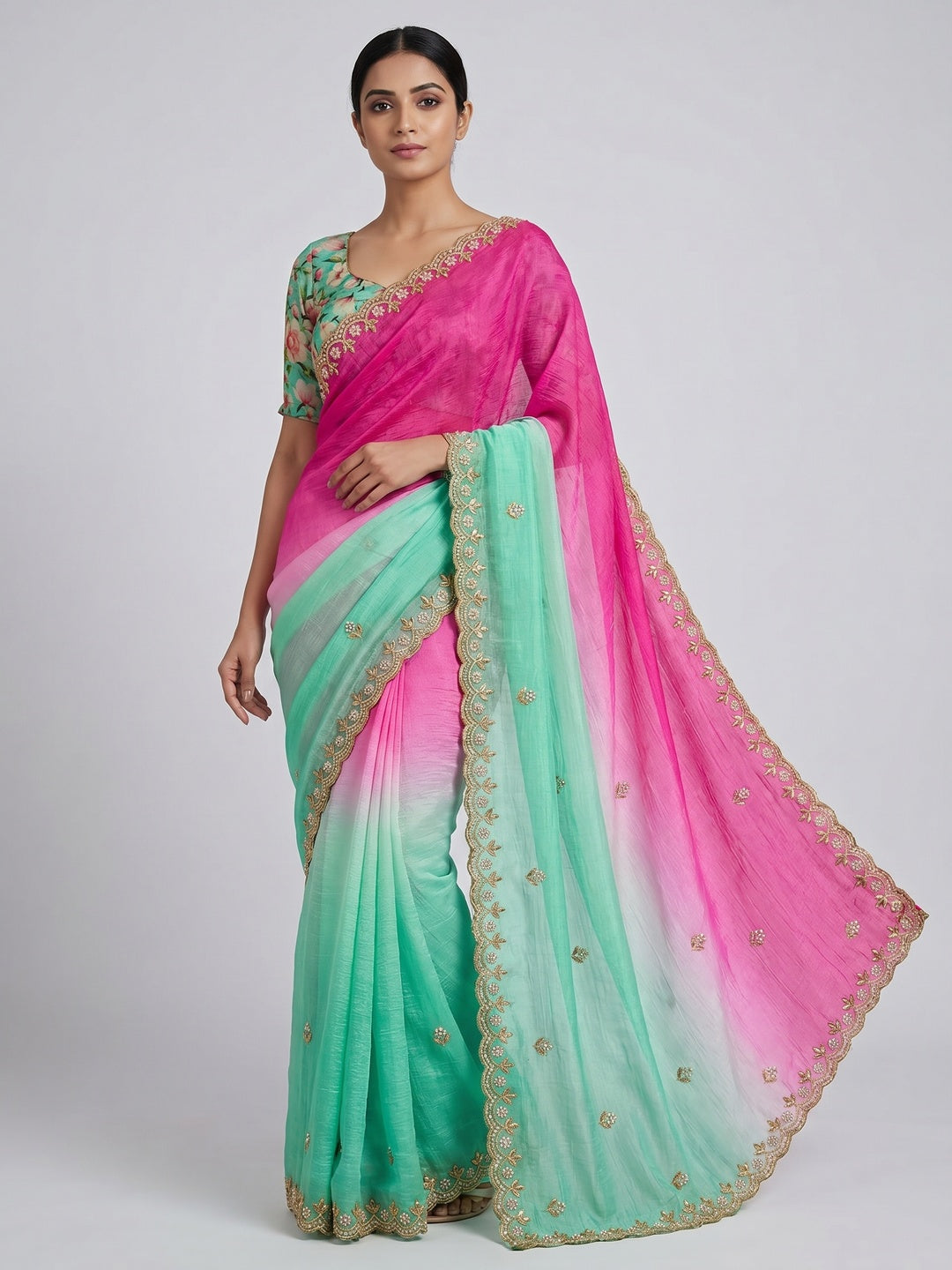 Peachmode Sea Green Crunchy Crush Embroidered Saree - Image 1