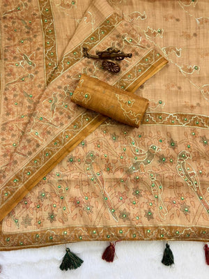 Peachmode Beige Simar Silk Digital Print Saree with Aari Work - Image 2