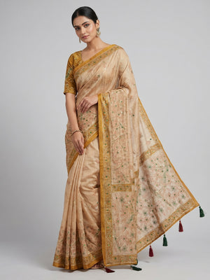 Peachmode Beige Simar Silk Digital Print Saree with Aari Work - Image 1