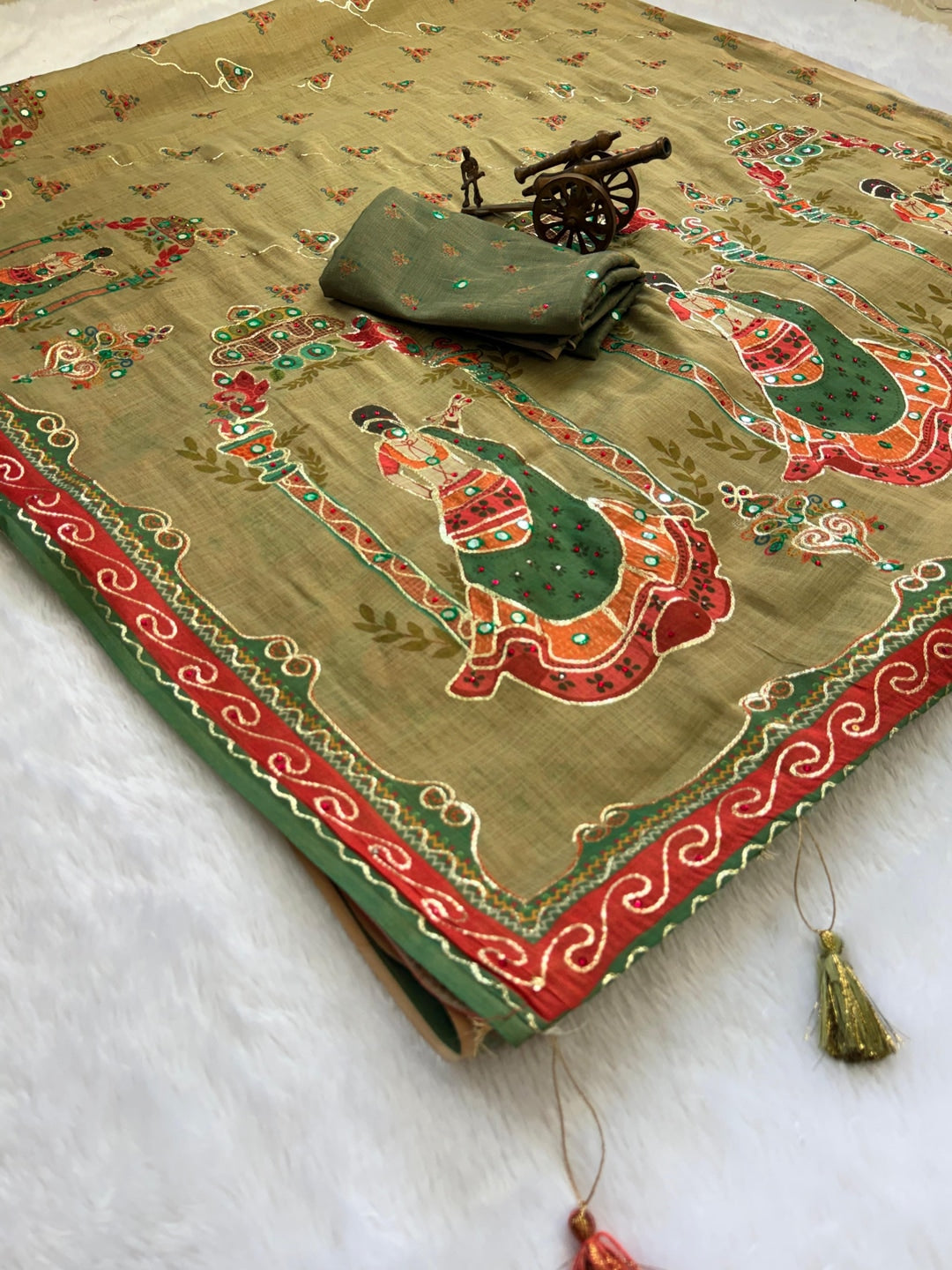 Peachmode Olive Simar Silk Digital Print Saree with Aari Work - Image 5