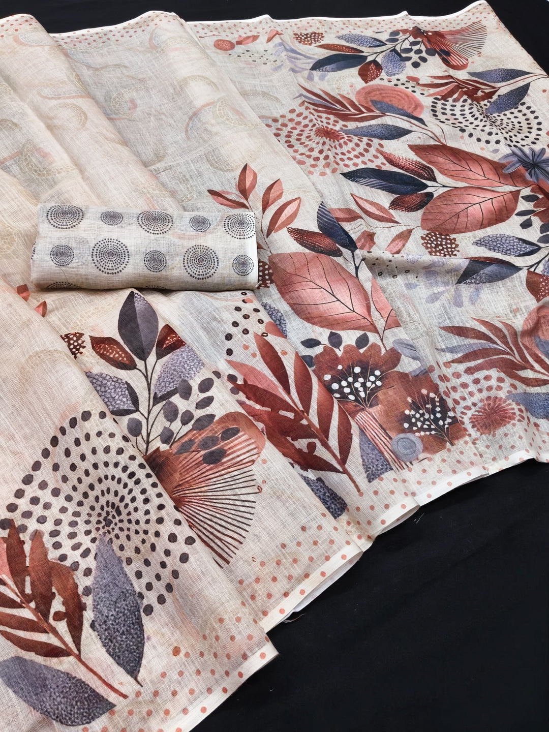Peachmode Offwhite Linen Printed Saree with Leafy Floral Motifs - Image 2