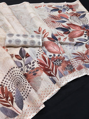 Peachmode Offwhite Linen Printed Saree with Leafy Floral Motifs - Image 2