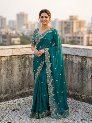 Peachmode Teal Fandy Satin Silk Saree with Sequins, Zari Embroidery and Cutwork Border - Image 1