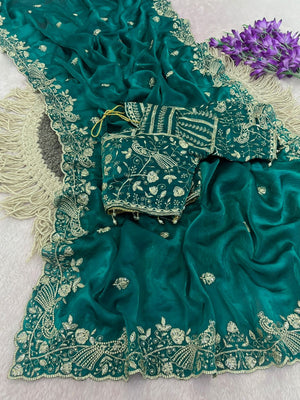 Peachmode Teal Fandy Satin Silk Saree with Sequins, Zari Embroidery and Cutwork Border - Image 2