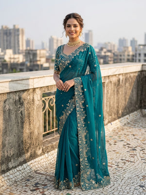 Peachmode Turquoise Fandy Satin Silk Saree with Sequins, Zari Embroidery and Cutwork Border - Image 1