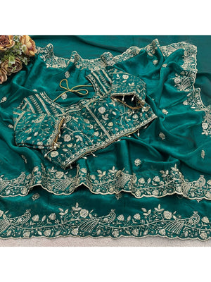 Peachmode Turquoise Fandy Satin Silk Saree with Sequins, Zari Embroidery and Cutwork Border - Image 2