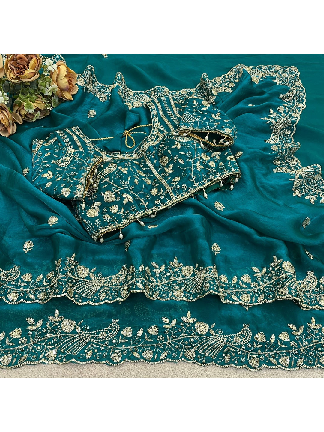 Peachmode Turquoise Fandy Satin Silk Saree with Sequins, Zari Embroidery and Cutwork Border - Image 3