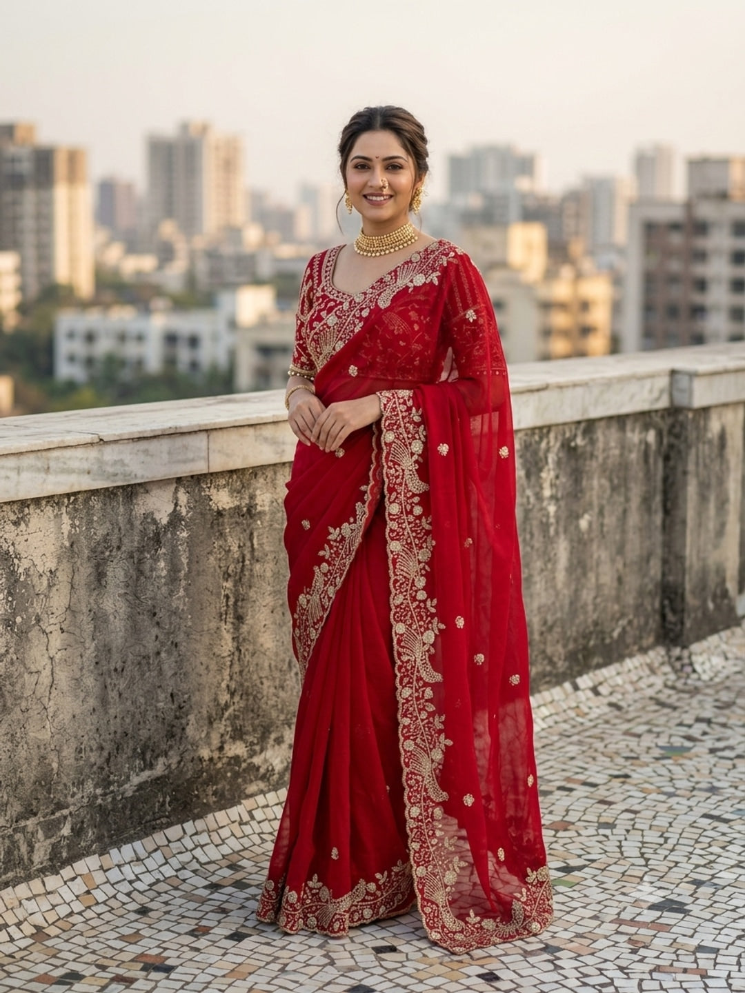 Peachmode Red Fandy Satin Silk Saree with Sequins, Zari Embroidery and Cutwork Border - Image 1