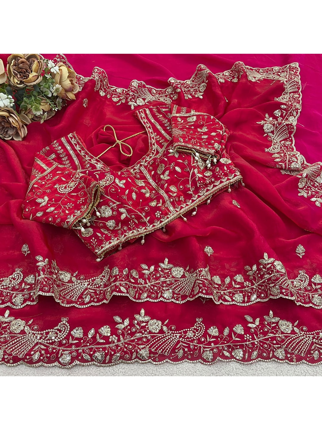 Peachmode Red Fandy Satin Silk Saree with Sequins, Zari Embroidery and Cutwork Border - Image 2