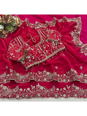 Peachmode Red Fandy Satin Silk Saree with Sequins, Zari Embroidery and Cutwork Border - Image 2