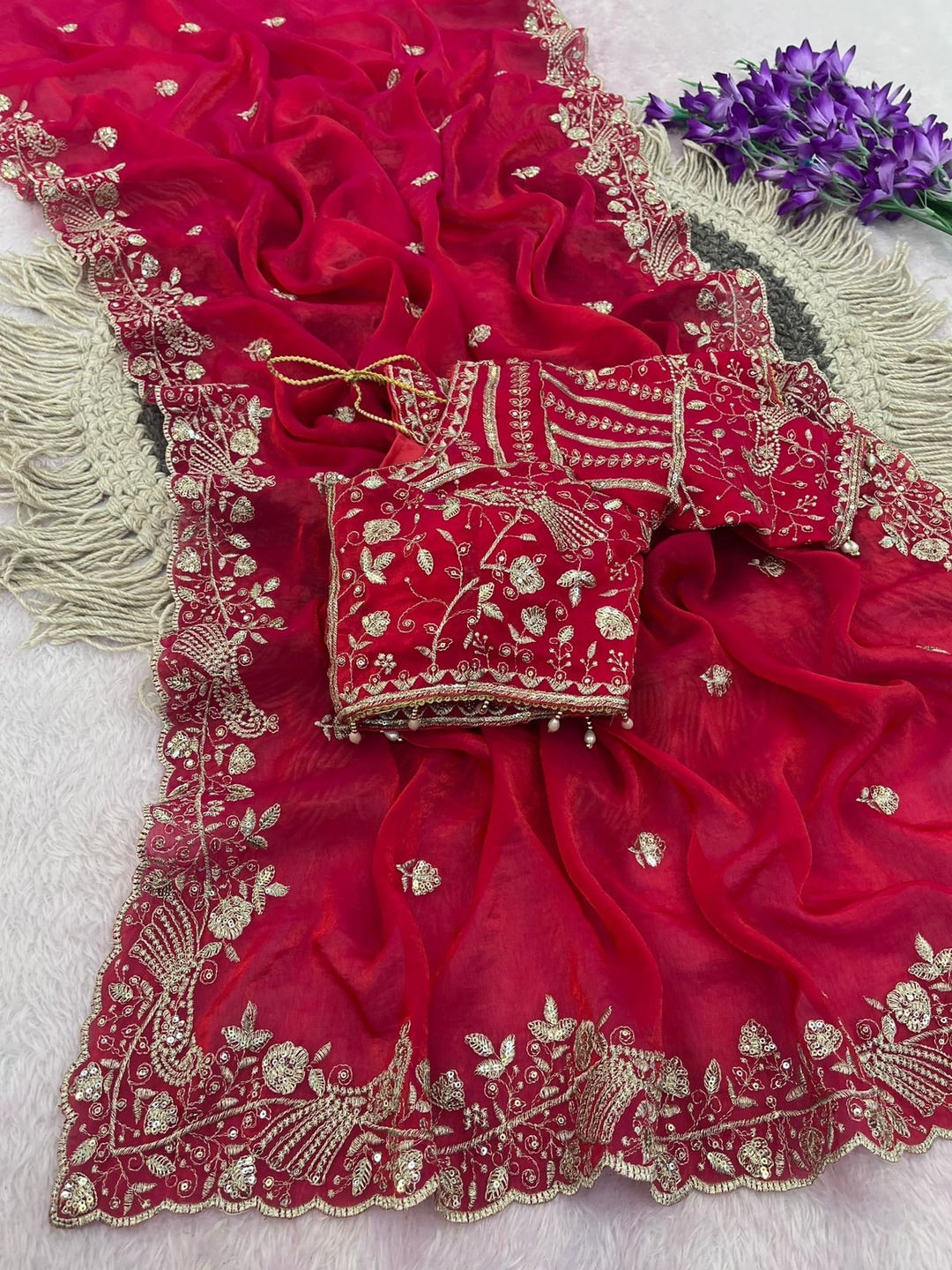 Peachmode Red Fandy Satin Silk Saree with Sequins, Zari Embroidery and Cutwork Border - Image 3