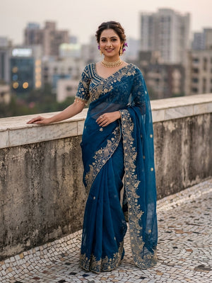 Peachmode Blue Fandy Satin Silk Saree with Sequins, Zari Embroidery and Cutwork Border - Image 1
