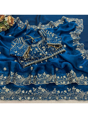 Peachmode Blue Fandy Satin Silk Saree with Sequins, Zari Embroidery and Cutwork Border - Image 2