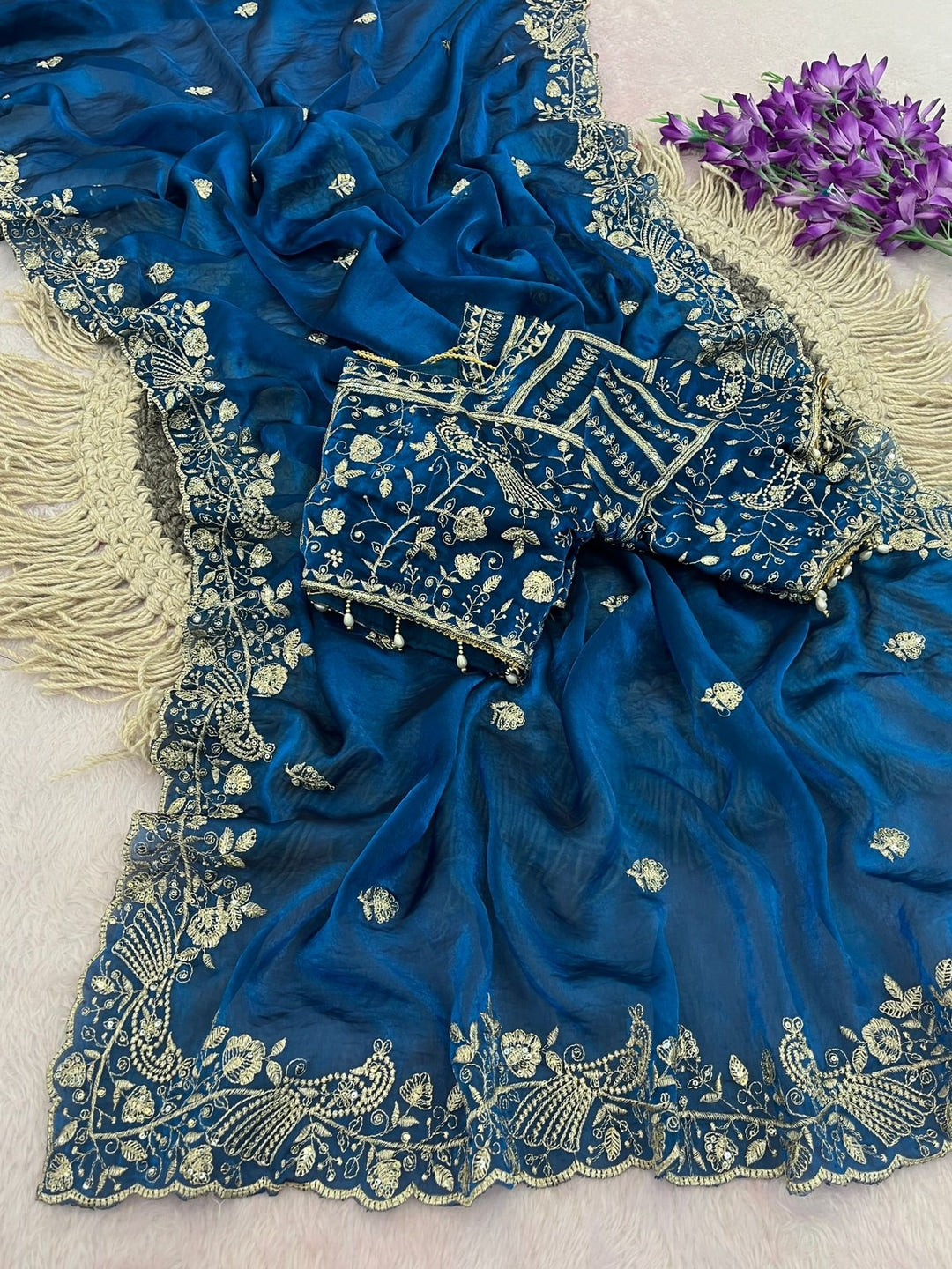 Peachmode Blue Fandy Satin Silk Saree with Sequins, Zari Embroidery and Cutwork Border - Image 3