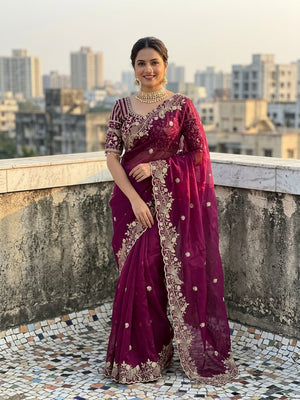 Peachmode Wine Fandy Satin Silk Saree with Sequins, Zari Embroidery and Cutwork Border - Image 1